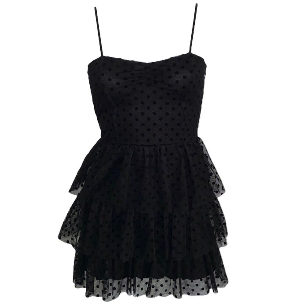 S Heritage 1981 Black Mesh Tulle Velvet Polka Dot Tiered Ruffle Mini Party Dress - Picture 2 of 7